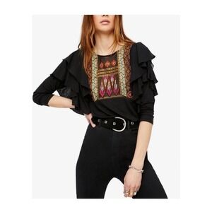 Free People La Cienga Ruffle Sleeve Top Black + Colorful Embroidery Bodice SZ XS